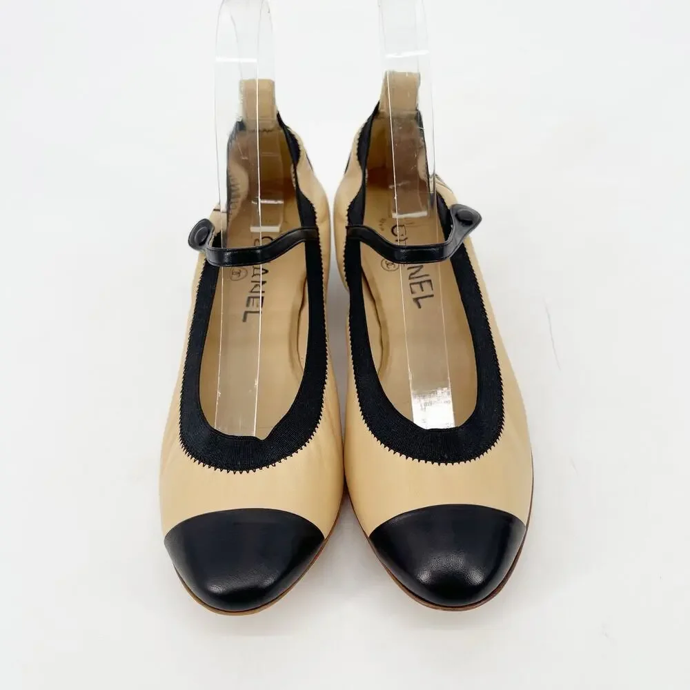 Chanel Retro y2k Beige & Black CC Cap Toe Leather Mary Jane Strap Heels EU 38.5